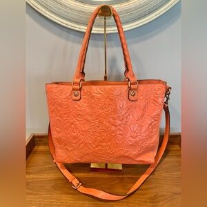 Patricia Nash Zancona OrangeCoral Salmon Leather Floral Tooled Tote Shoulder Bag